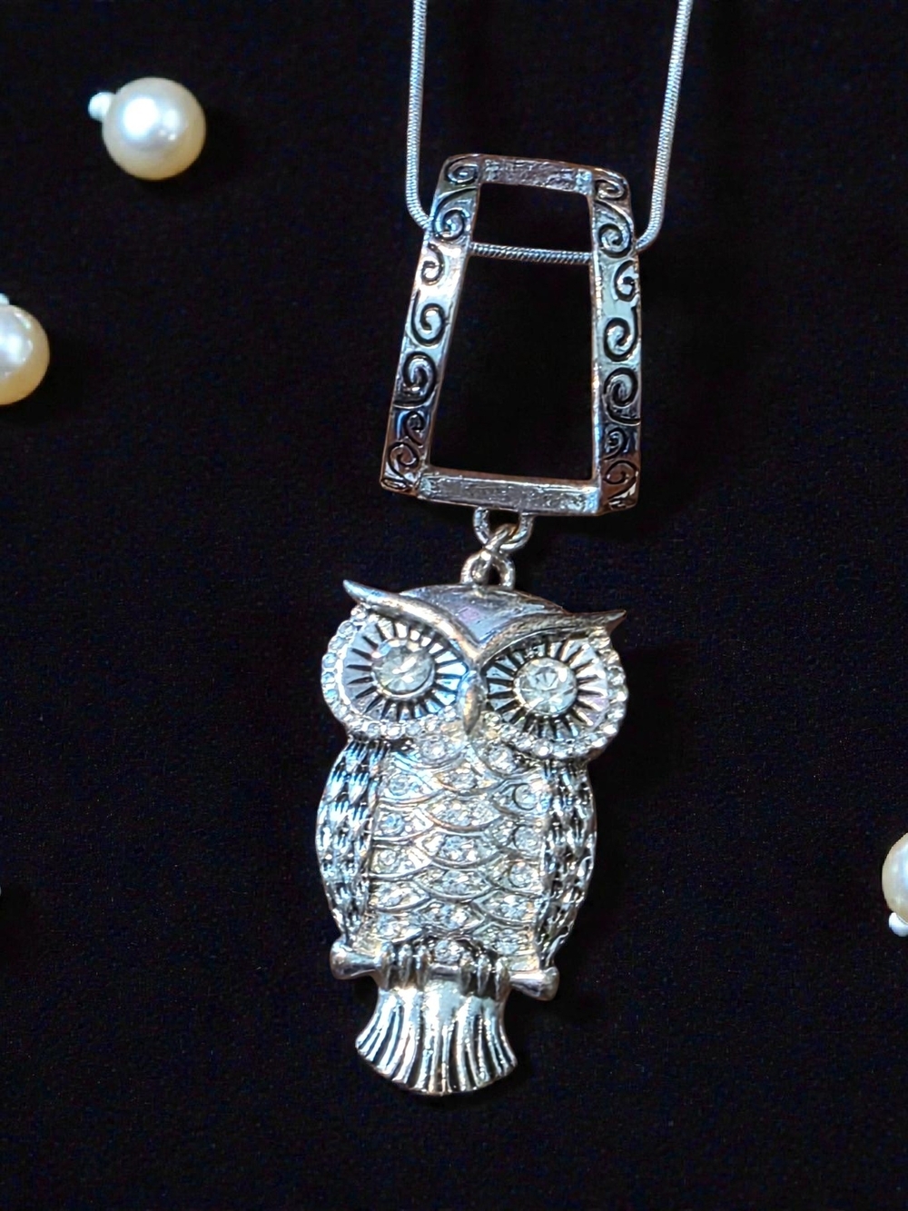Silver Owl Pendant Necklace - Sparkling Rhinestone Eyes - Picture 1 of 2